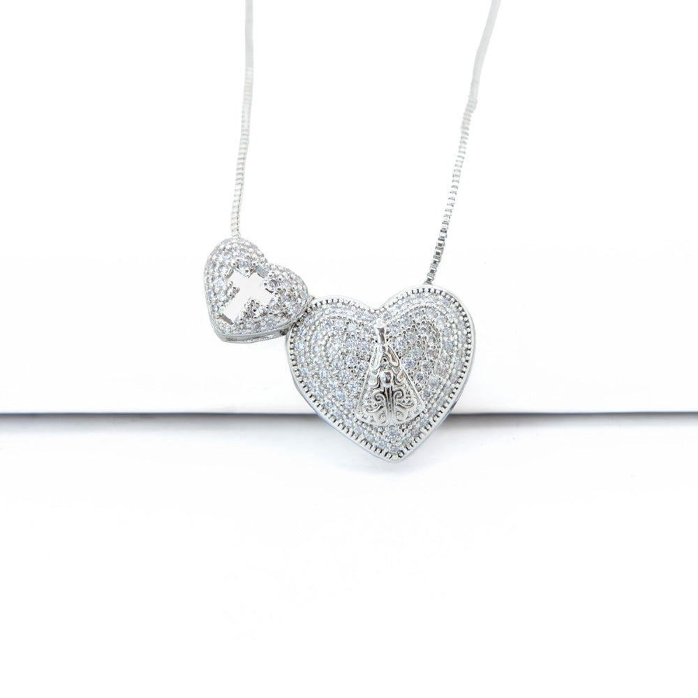 Colar Religioso Coração Cravejado Nossa Senhora Aparecida Banhado