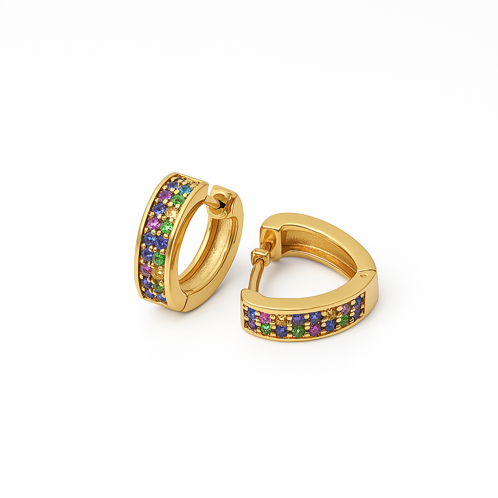 Brinco Coração Com Zircônias Coloridas Cravejado Banhado em Ouro 18K