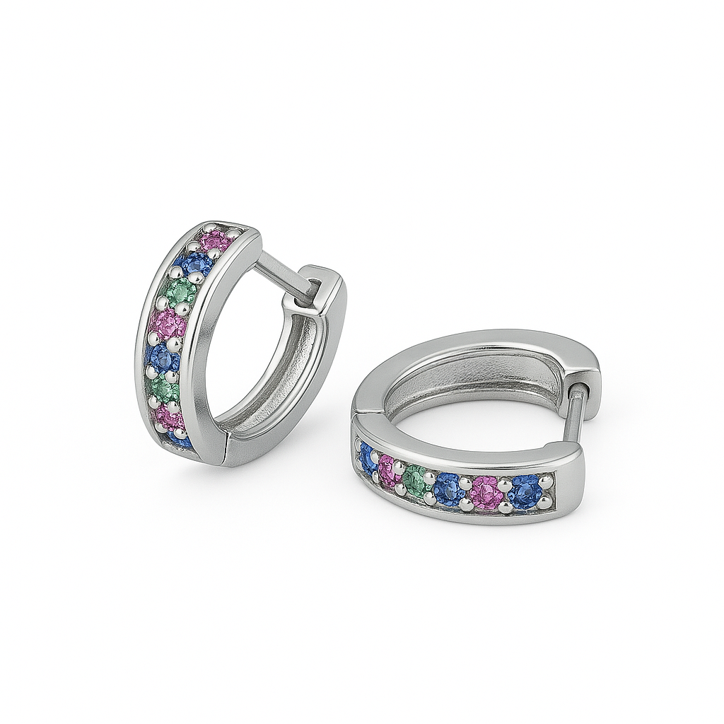 Brinco Coração Com Zircônias Coloridas Cravejado Banhado em Ouro 18K