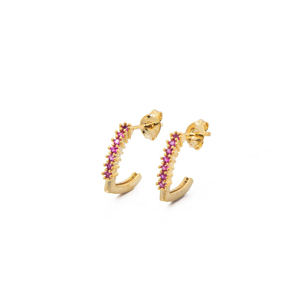 Brinco Argolinha Cravejada Zircônia Rosa Banhado em Ouro 18K