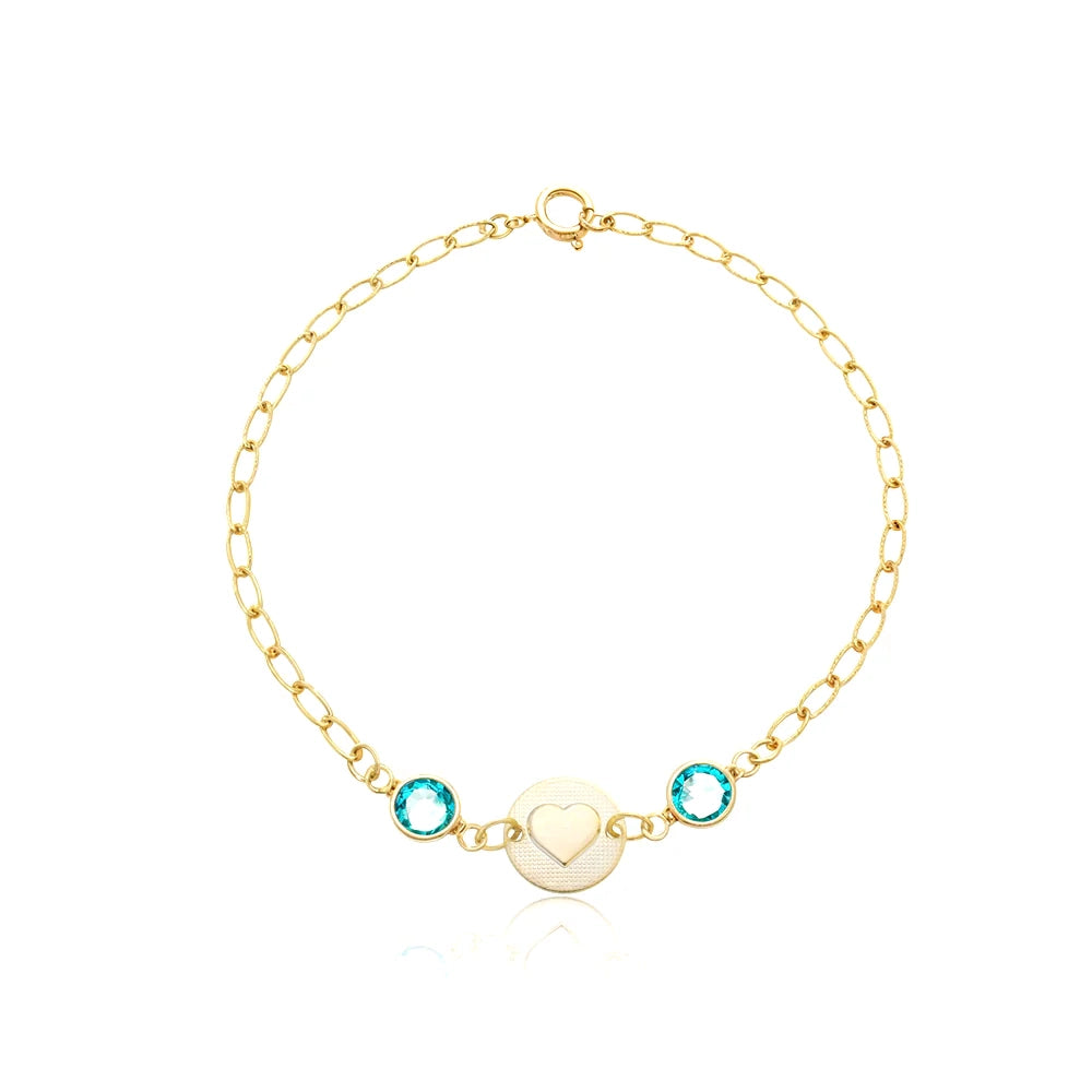 Pulseira Pingente Coração e Ponto de Luz Azul Banhado em Ouro 18k