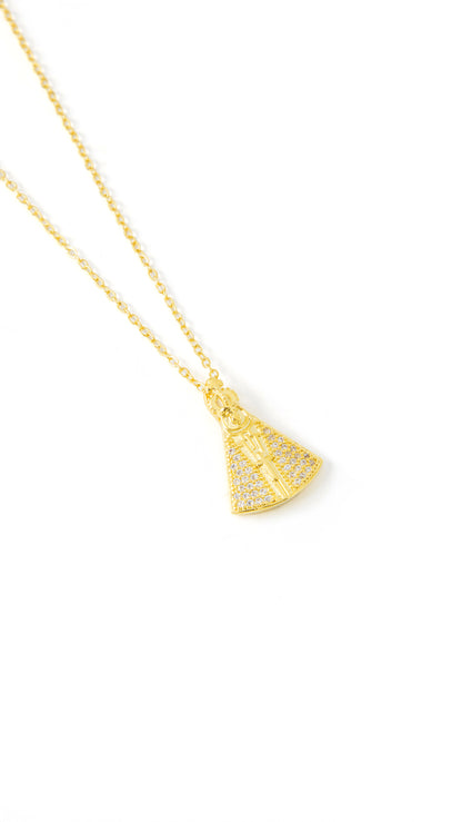 Colar Nossa Senhora Cravejado em Zircônias Brancas Banhado em Ouro 18K