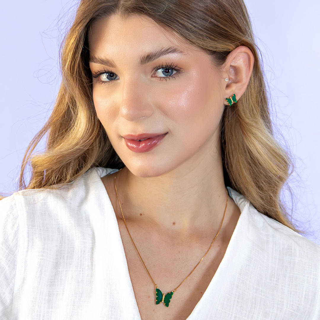 Conjunto Colar e Brinco Borboleta Esmeralda