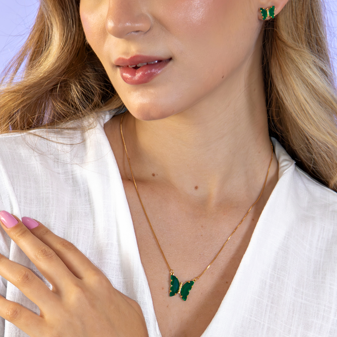 Conjunto Colar e Brinco Borboleta Esmeralda