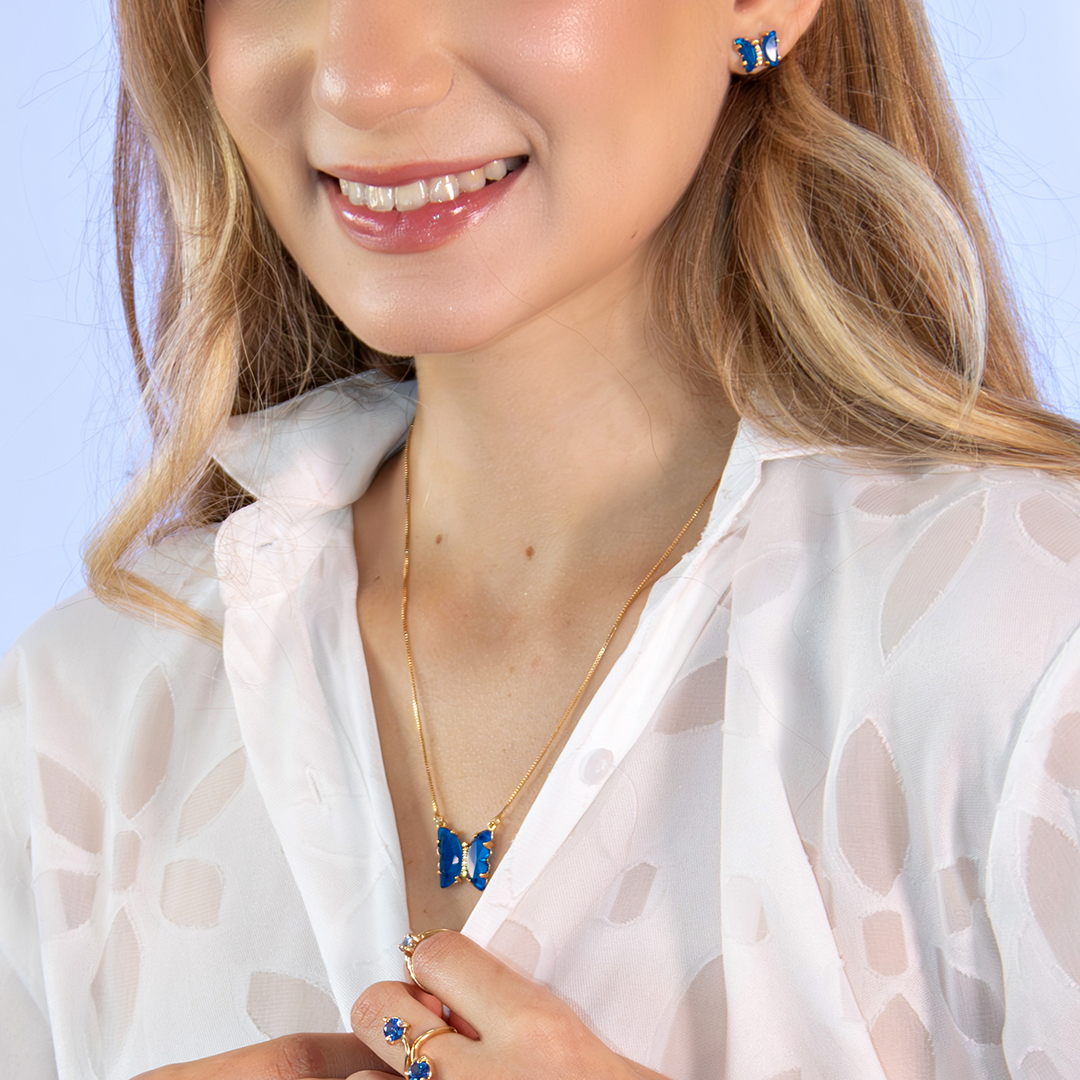 Conjunto Colar e Brinco Borboleta Safira