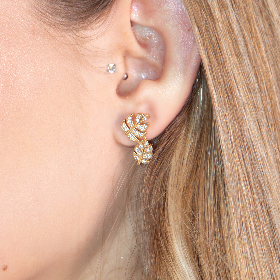 Brinco Folha Duplo Cravejado Banhado