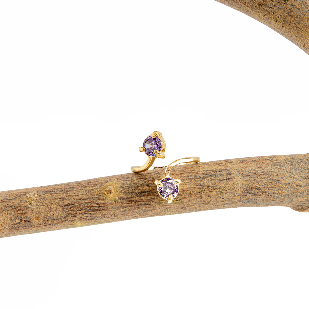 Anel 2 Cristais Artificiais Ametista Banhado