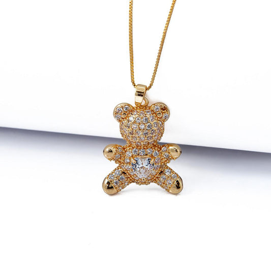 Colar Urso Cravejado de Zircônias Banhado em Ouro 18K
