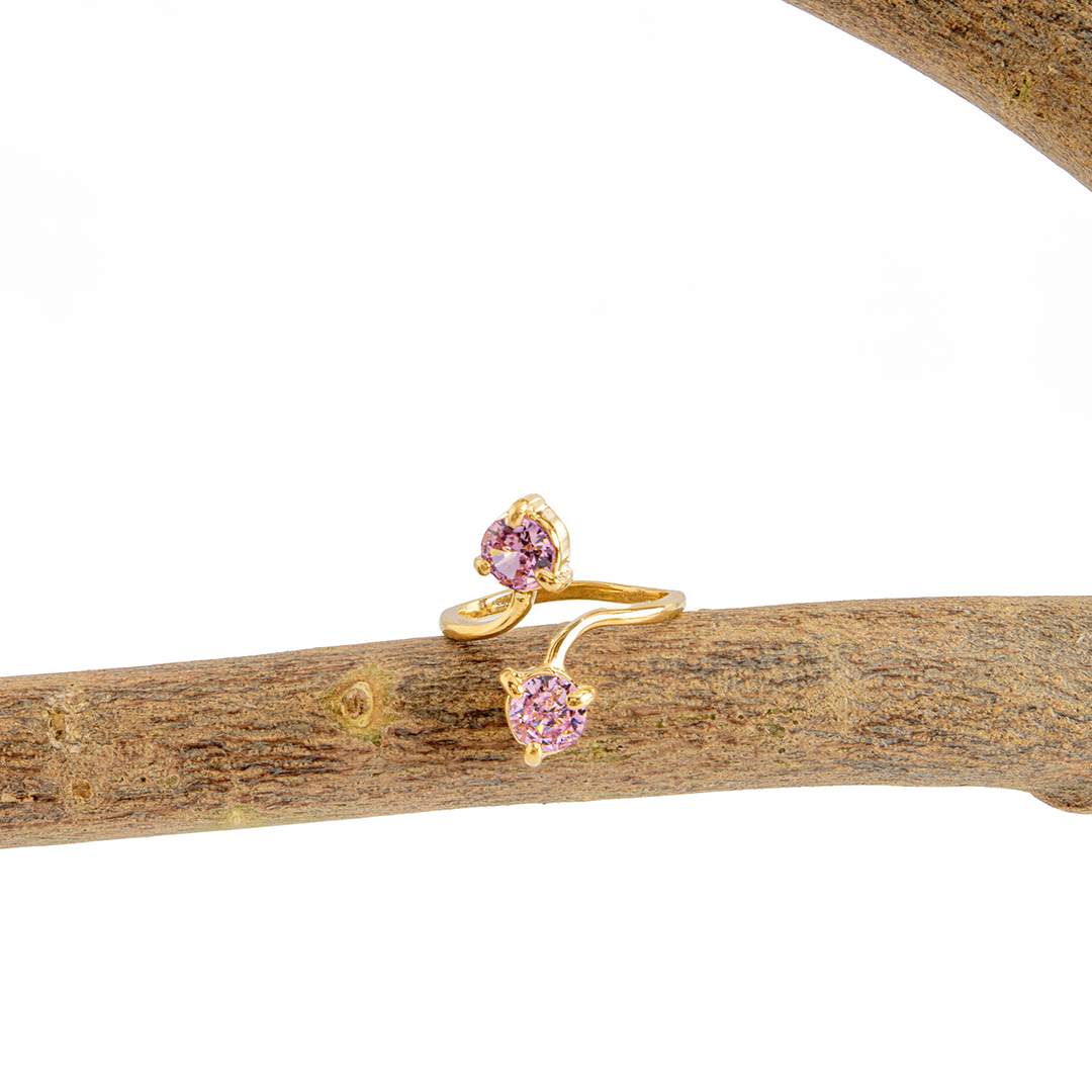 Anel 2 Cristais Artificiais Quartzo Rosa Banhado