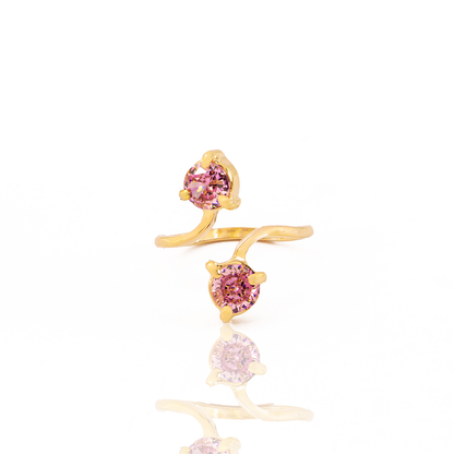 Anel 2 Cristais Artificiais Quartzo Rosa Banhado