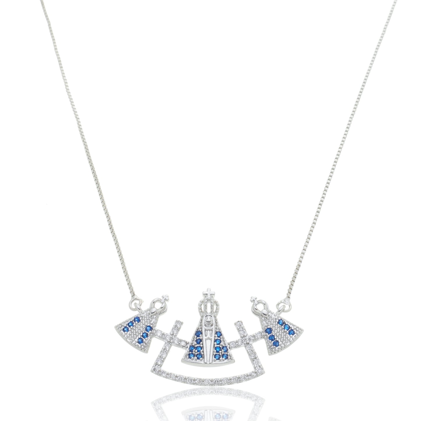 Colar Nossa Senhora Cravejado em Zircônias Brancas e Azuis