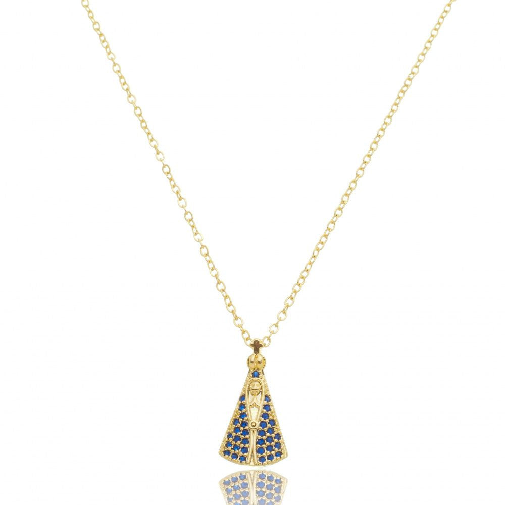 Colar Nossa Senhora Cravejado em Zircônias Azuis Banhado