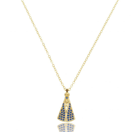 Colar Nossa Senhora Cravejado em Zircônias Azuis Banhado