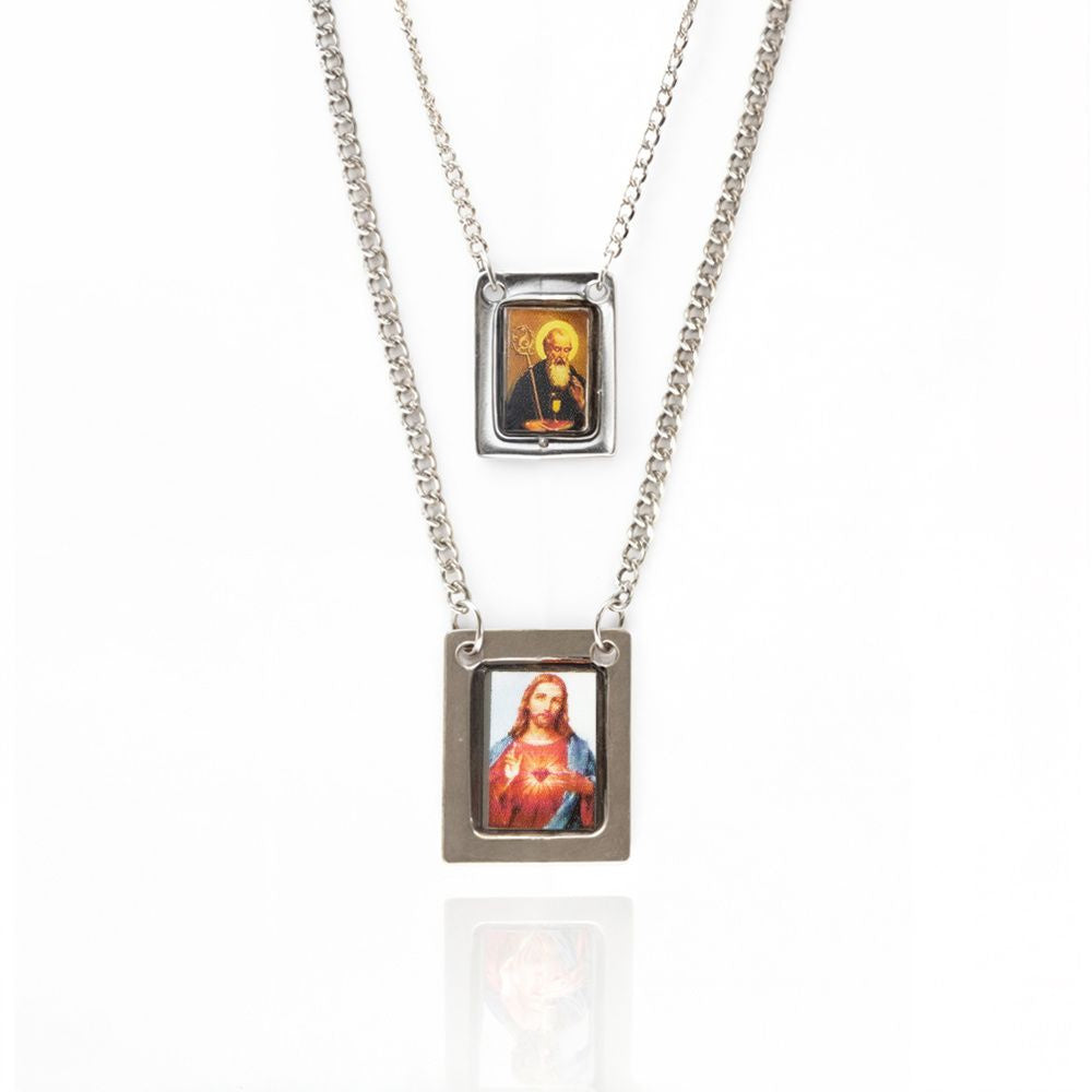 Escapulário São Bento e Jesus Cristo Aço Inoxidável 60Cm