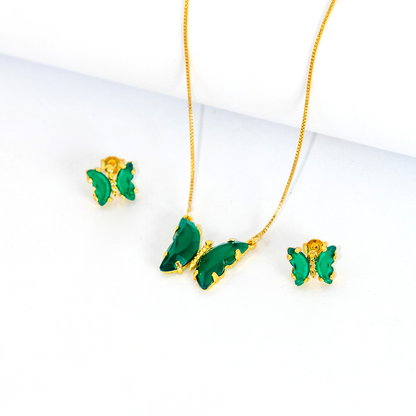 Conjunto Colar e Brinco Borboleta Esmeralda
