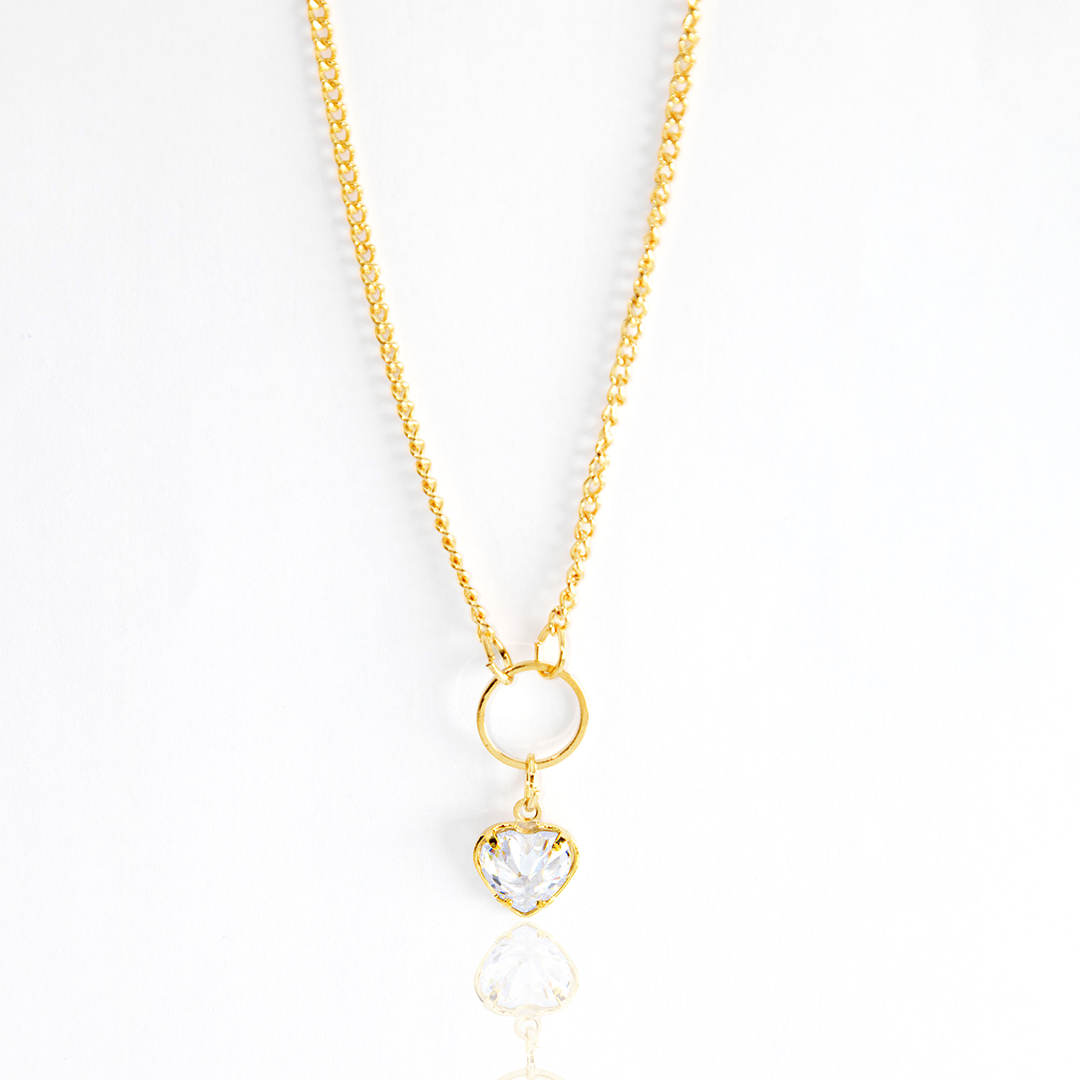 Colar Delicado Com Cristal Coração E Argola Central Banhado