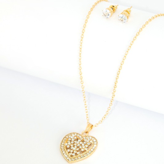 Conjunto Colar Coraçao Cravejado Com Ponto De Luz Banhado