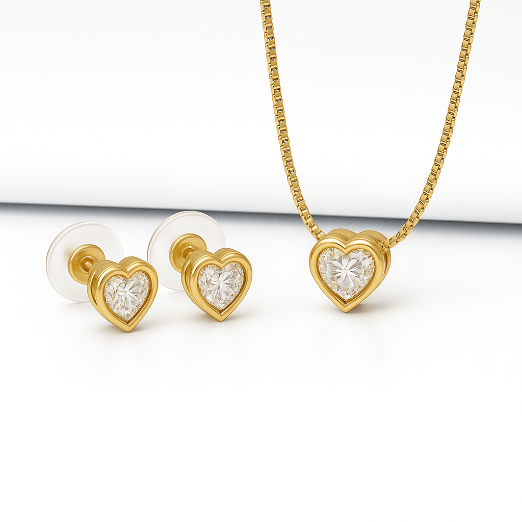 Conjunto Ponto de Luz Coração Banhado em Ouro 18K