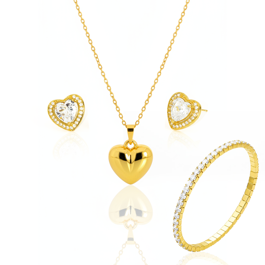Kit Colar, Brinco e Pulseira Doce Coração Dourado