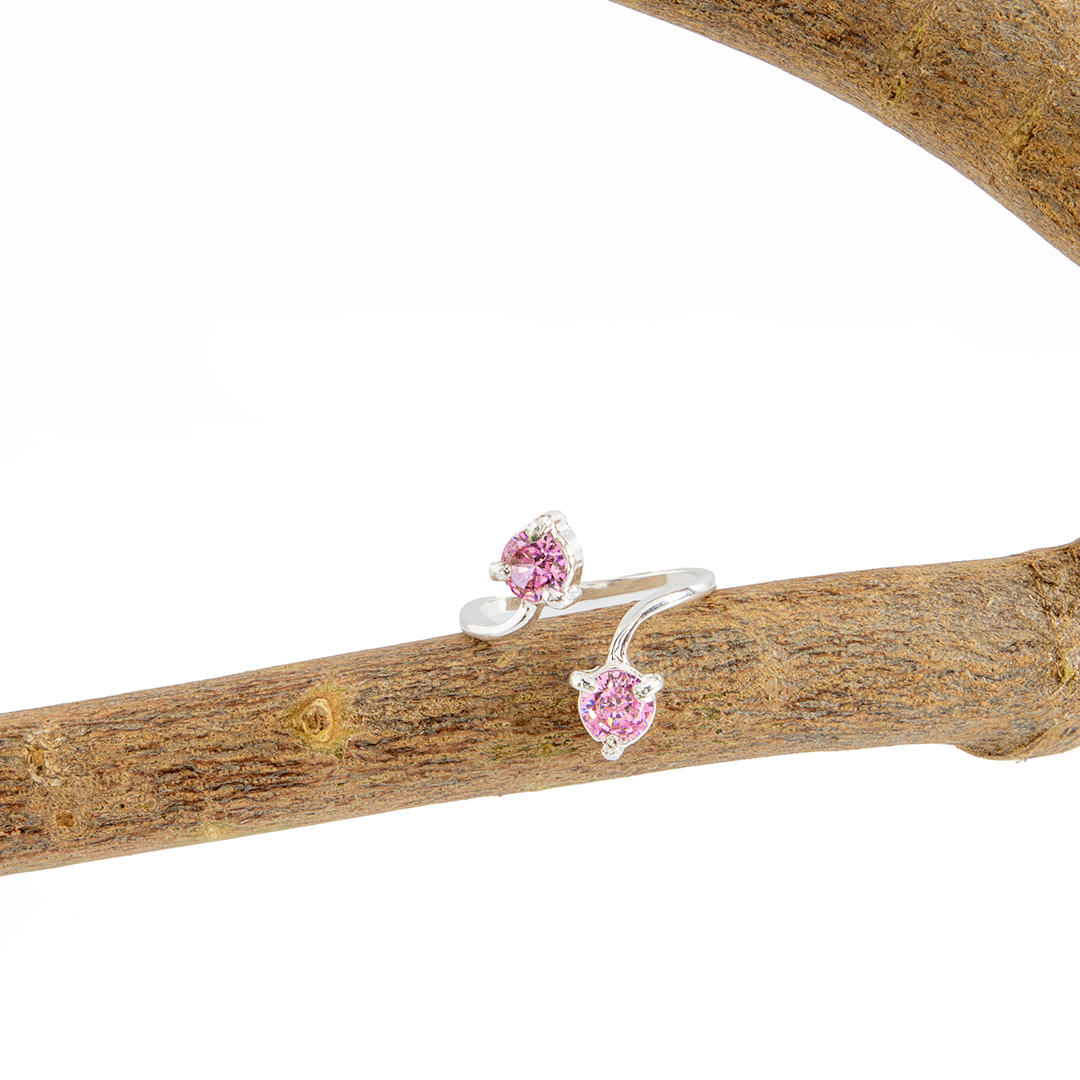 Anel 2 Cristais Artificiais Quartzo Rosa Banhado