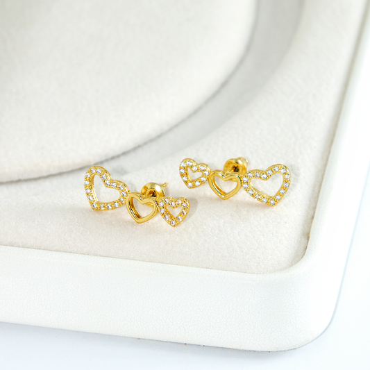 Brinco Duplo Coração Brilhante Cravejado Banhado