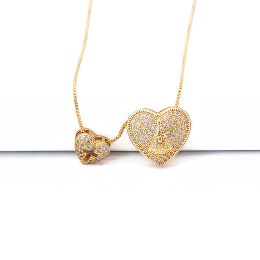 Colar Religioso Coração Cravejado Nossa Senhora Aparecida Banhado