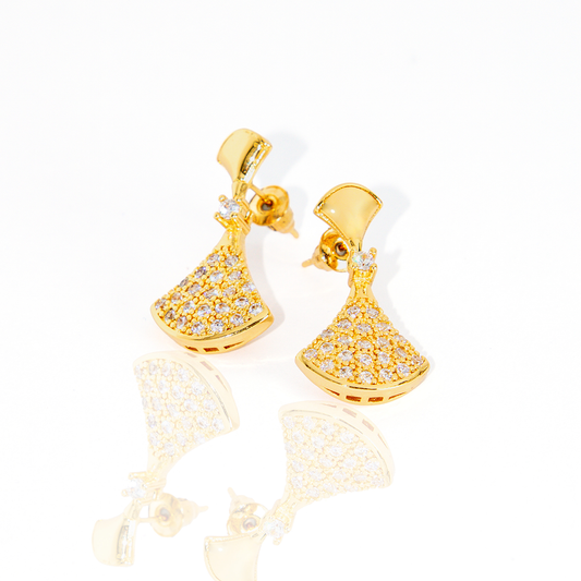 Brinco Leque Luxo Banhada Com Microzircônias Cravejadas