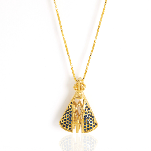 Colar Pingente Nossa Senhora Aparecida Dupla Face Com Zircônias Coloridas Banhado em Ouro 18K