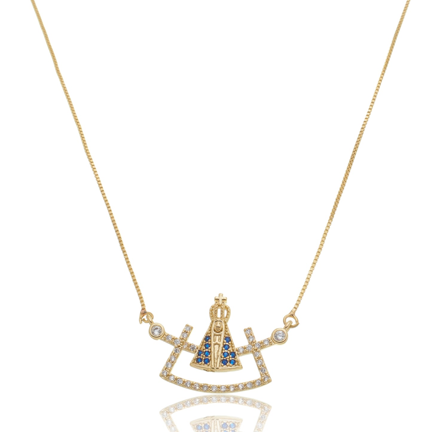 Colar Nossa Senhora Cravejado em Zircônias Brancas e Azuis