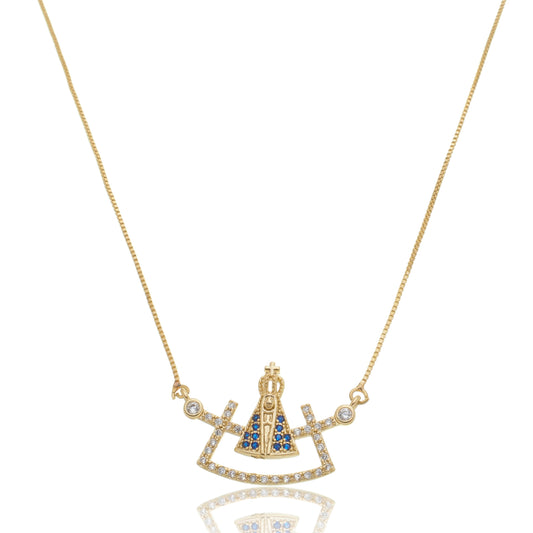 Colar Nossa Senhora Cravejado em Zircônias Brancas e Azuis