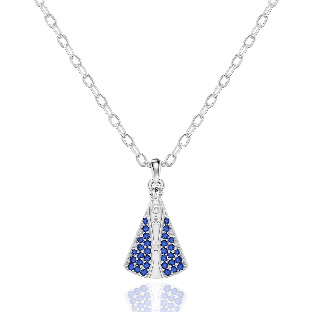 Colar Nossa Senhora Cravejado em Zircônias Azuis Banhado