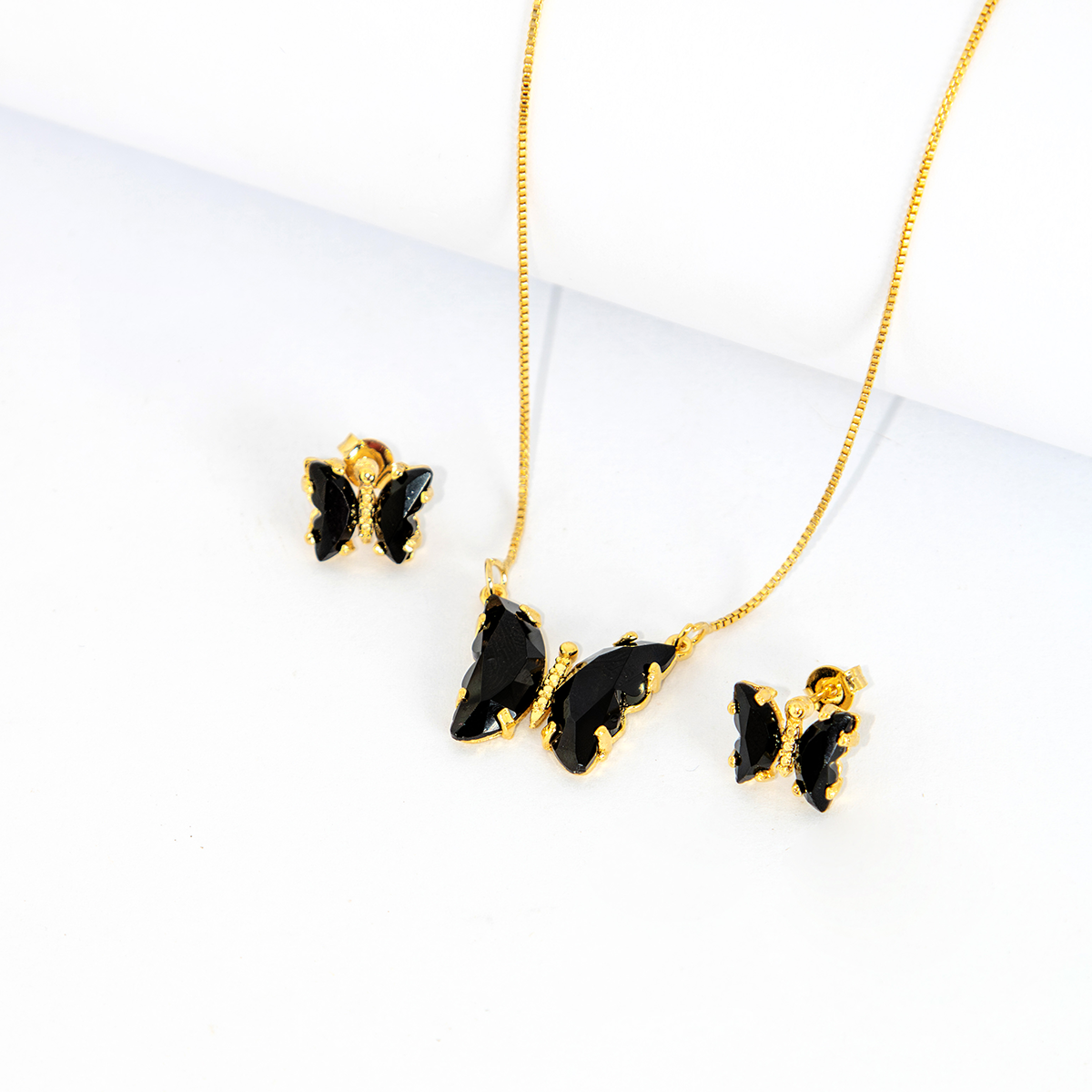 Conjunto Colar e Brinco Borboleta Turmalina Negra