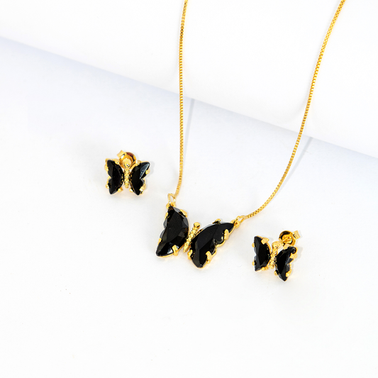 Conjunto Colar e Brinco Borboleta Turmalina Negra