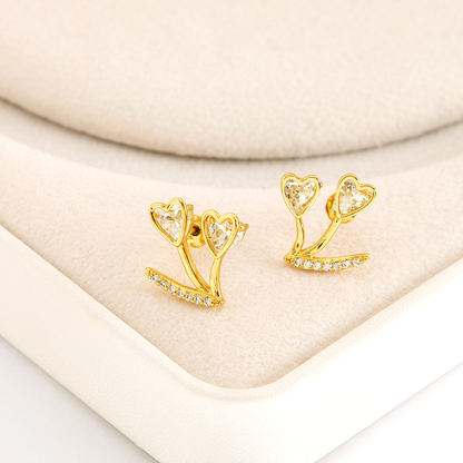 Brinco Flor Duplo Coração Cravejado Banhado
