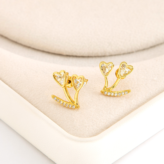 Brinco Flor Duplo Coração Cravejado Banhado