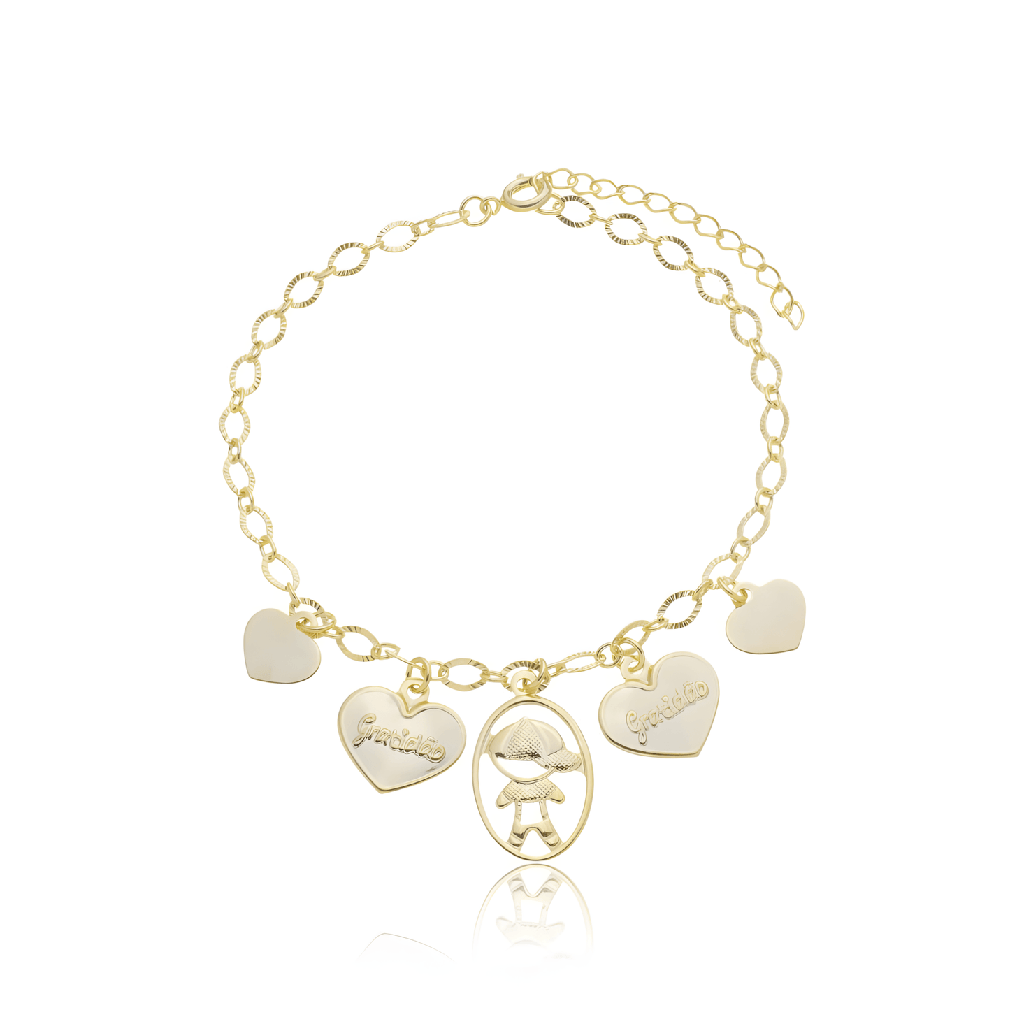 Pulseira Filho E Corações Gratidão Banhado em Ouro 18K
