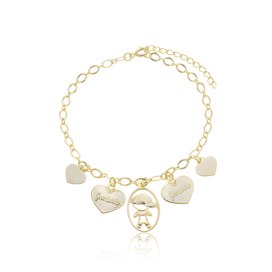 Pulseira Filho E Corações Gratidão Banhado em Ouro 18K
