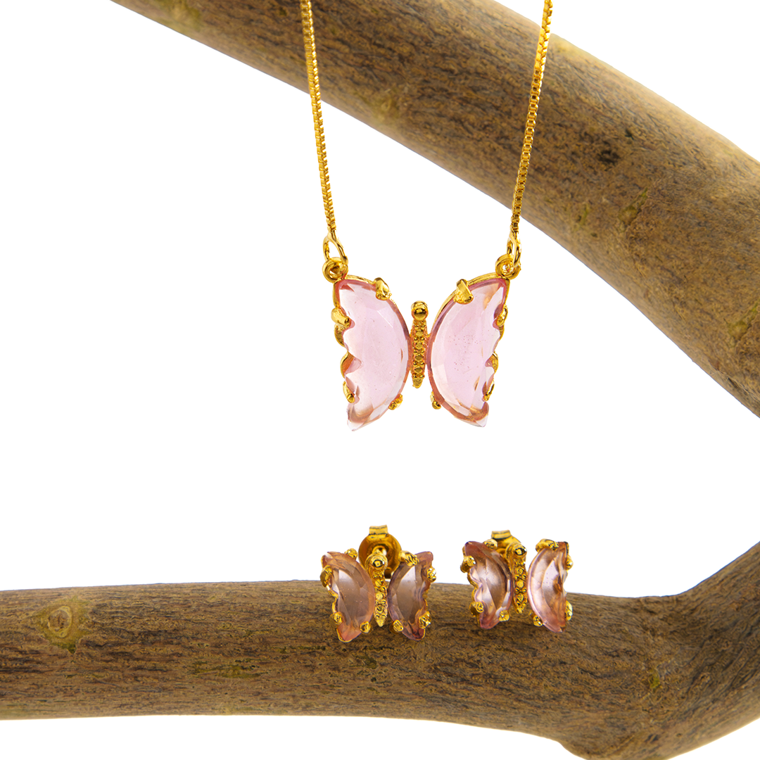 Conjunto Colar e Brinco Borboleta Quatzo