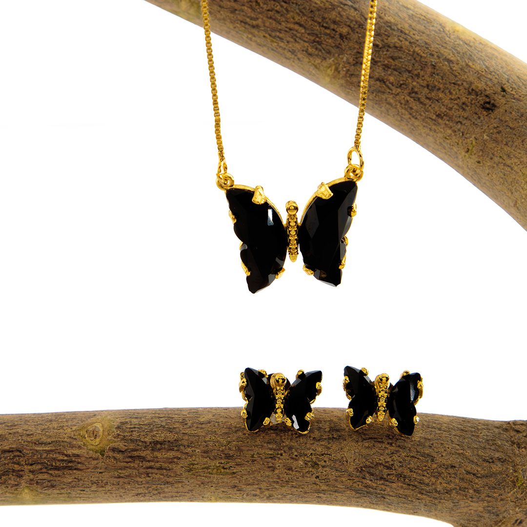 Conjunto Colar e Brinco Borboleta Turmalina Negra
