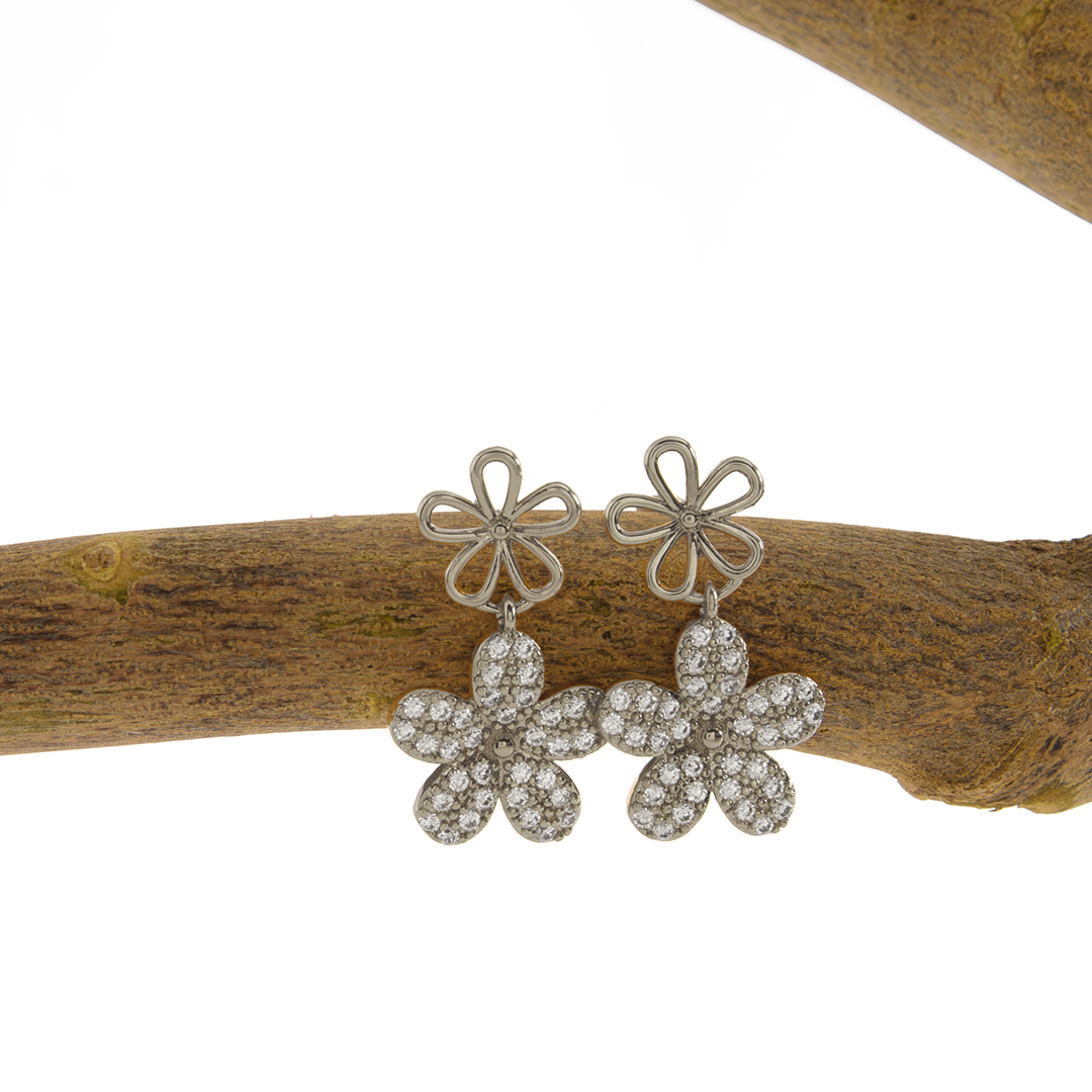 Brinco Duas Flores Cravejado Banhado