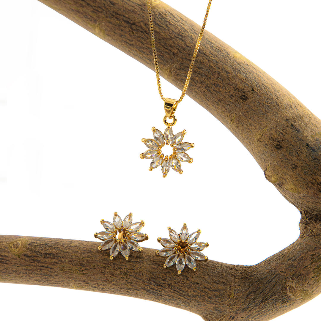 Conjunto Flor Solar Cravejado Banhado