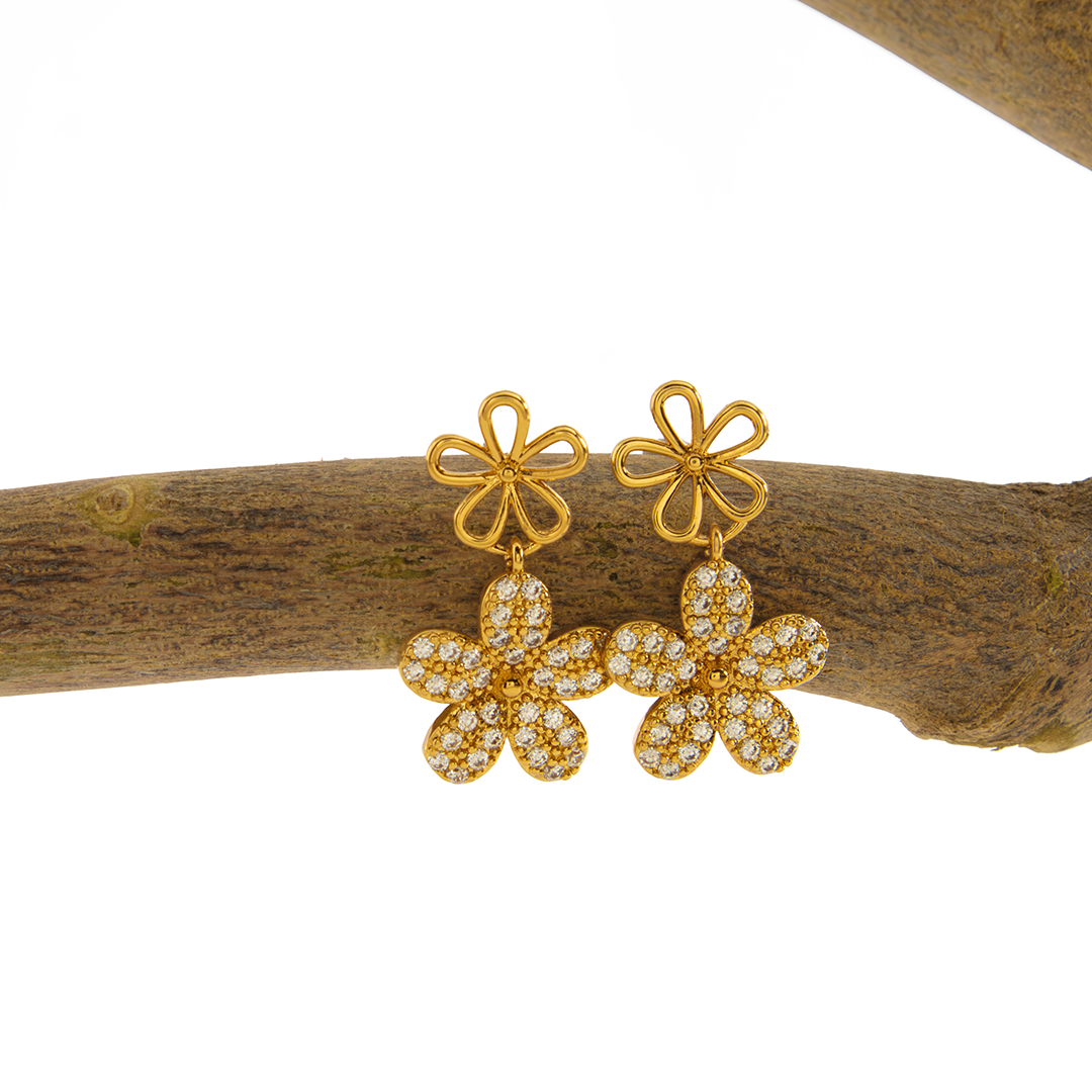 Brinco Duas Flores Cravejado Banhado