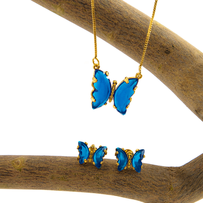 Conjunto Colar e Brinco Borboleta Safira