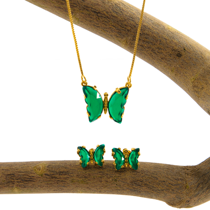 Conjunto Colar e Brinco Borboleta Esmeralda