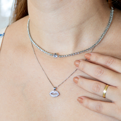 Colar Duplo Zircônias Luxo com Pingente de Boca Banhado