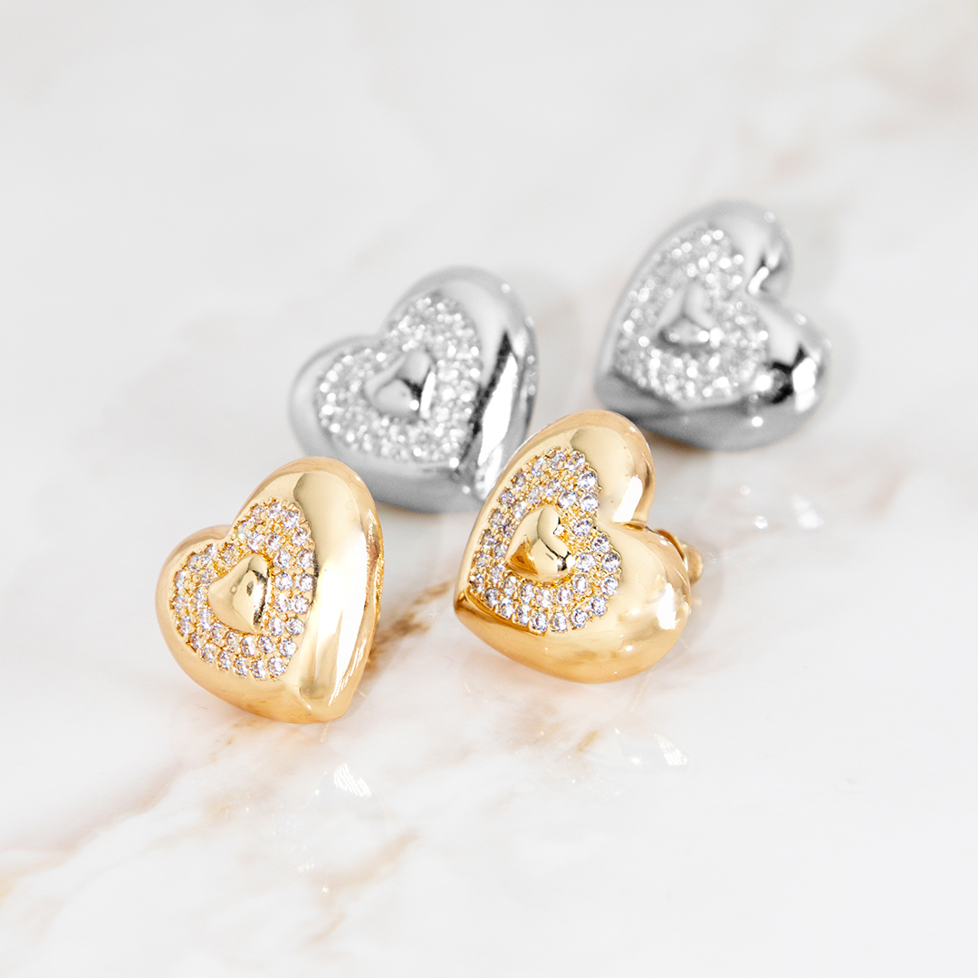 Brinco Coração Duplo Brilho Banhado