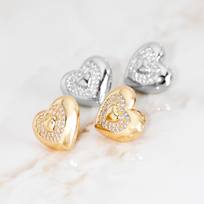 Brinco Coração Duplo Brilho Banhado