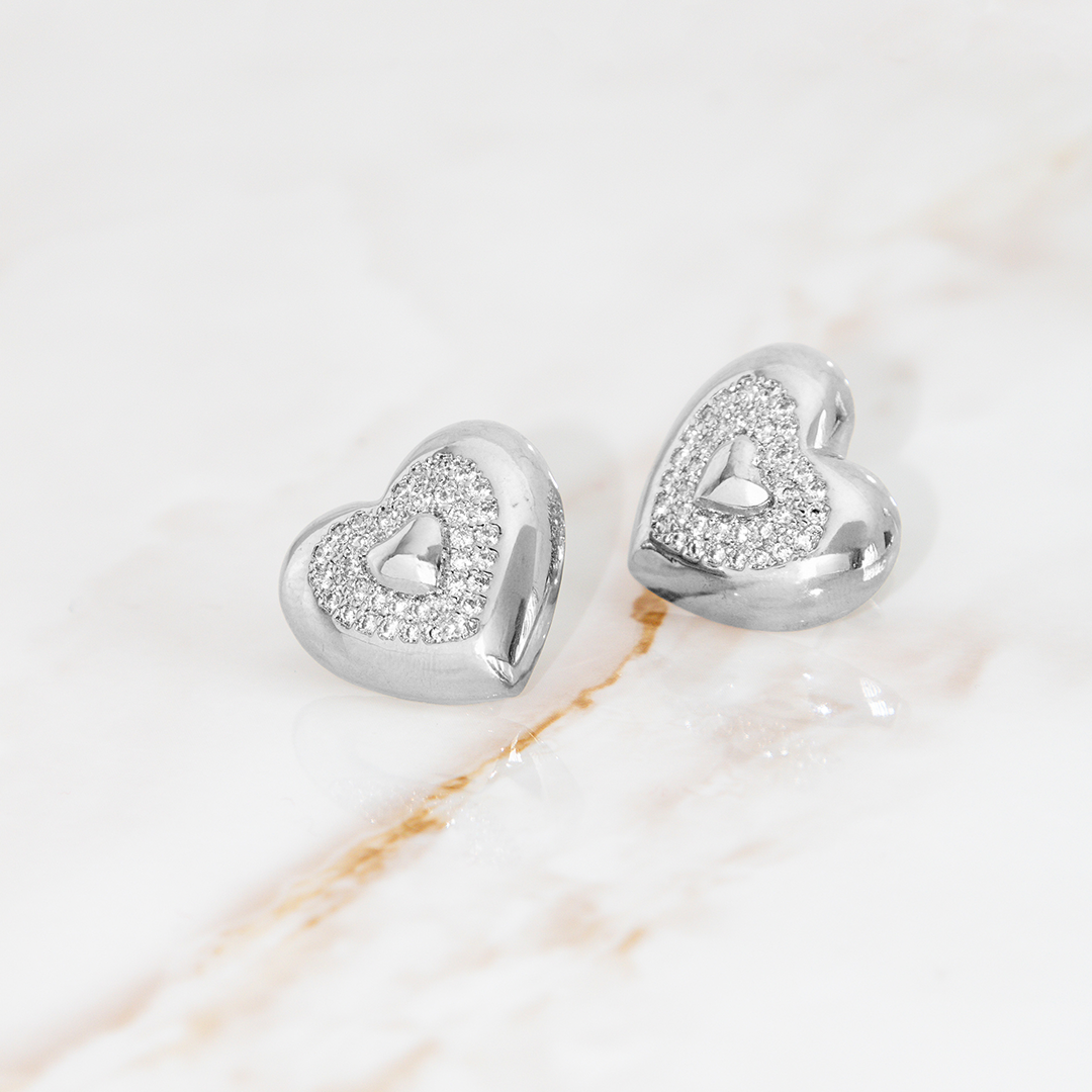 Brinco Coração Duplo Brilho Banhado